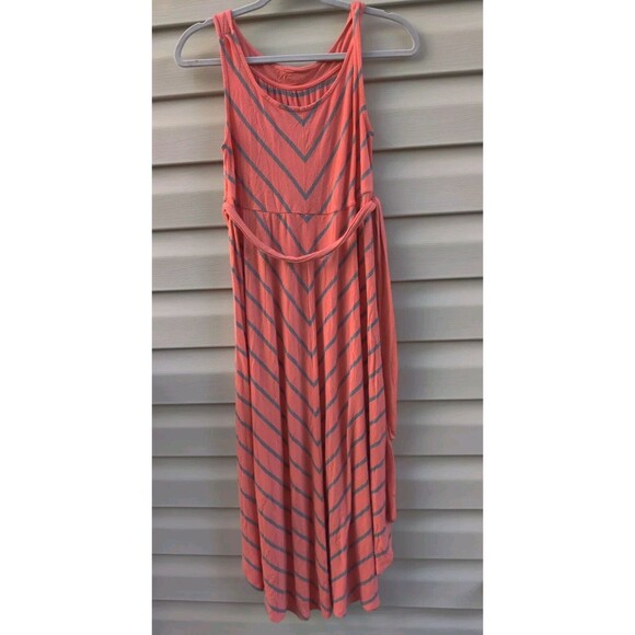 Liz Lang Maternity Womens Size XS TP Maxi Dress Orange Gray Stripe Tie Belt Baby - Picture 2 of 12